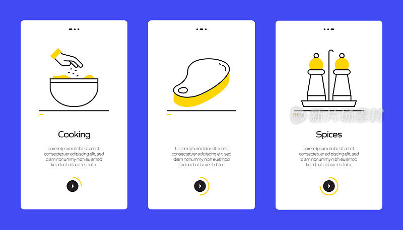 在移动应用页面上使用扁平图标的烹饪概念。用户体验，UI设计模板矢量插图
