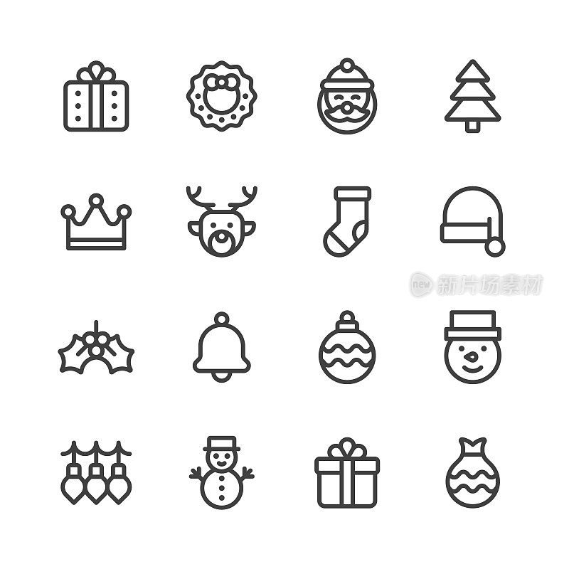 圣诞行图标。可编辑的笔画，包含铃铛，圣诞球，圣诞灯，圣诞树，圣诞花环，皇冠，装饰，礼物，礼物袋，驯鹿，圣诞老人，圣诞老人帽，雪人，袜子等图标。