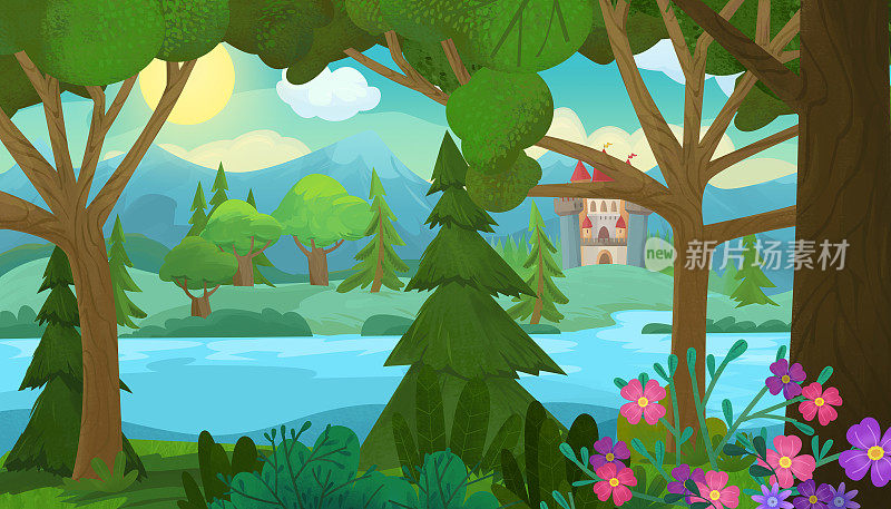 卡通场景与自然森林和城堡插图