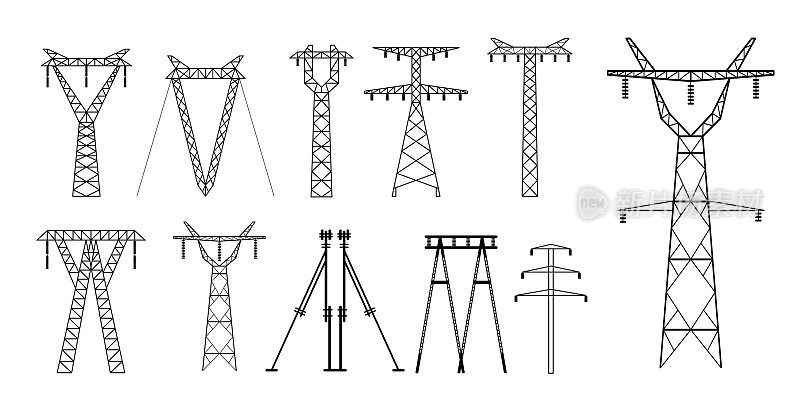 设置高压电力线图标或高塔高压塔或输电电力线塔或电力线柱网。每股收益向量