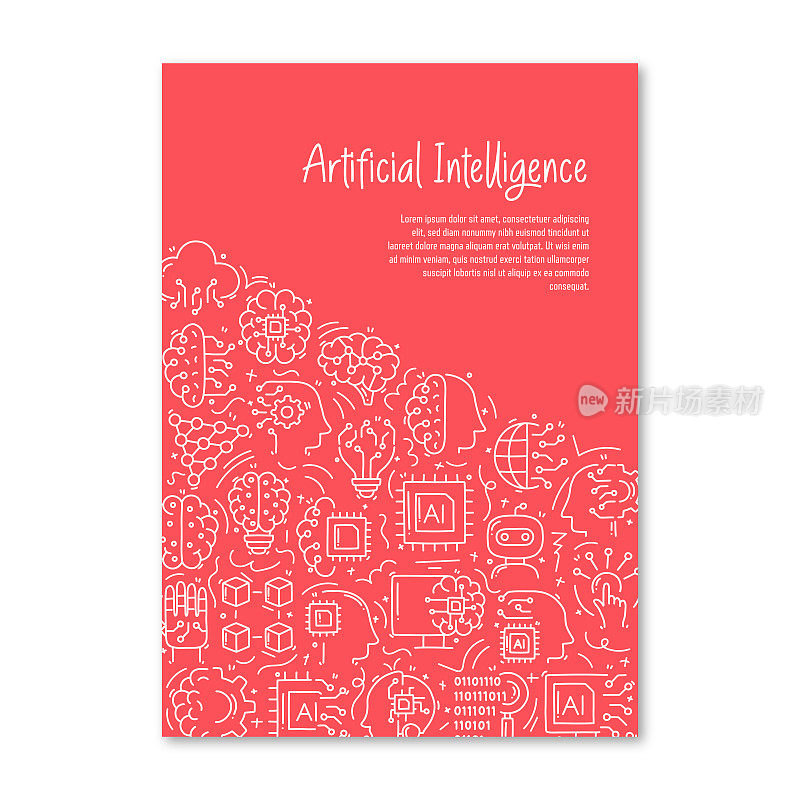 人工智能相关对象和元素。手绘矢量涂鸦插图集合。海报，封面模板与不同的人工智能对象