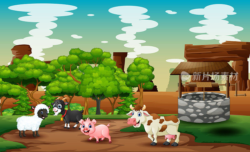 卡通动物农场在井边的农田里玩耍
