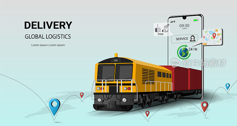 手机在线配送物流服务。铁路运输。全球物流。在线订单。火车，仓库，货物，快递。货物列车的概念。3D透视矢量图