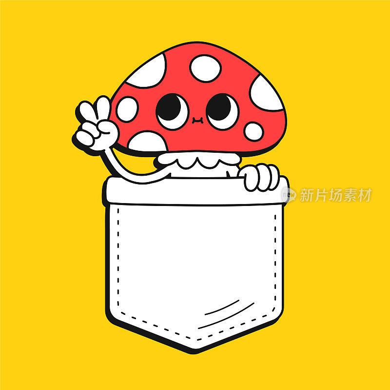 可爱有趣的卡哇伊白毒蘑菇口袋t恤印花。矢量卡通涂鸦线风格的人物标志插图设计。有趣的复古蘑菇印花口袋t恤，服装概念