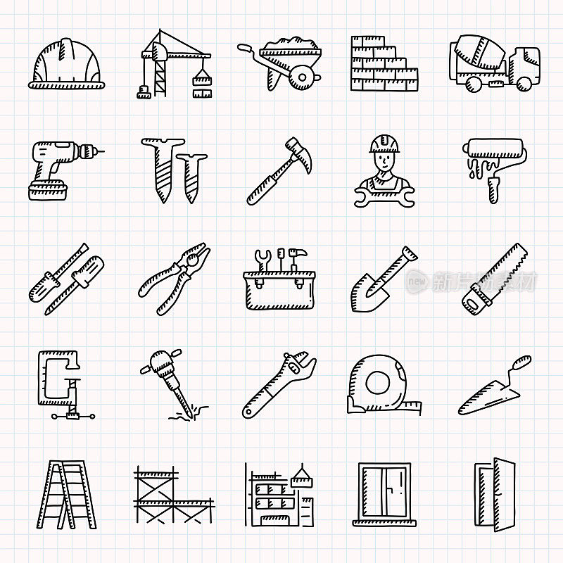 建设相关的手绘图标集，涂鸦风格矢量插图