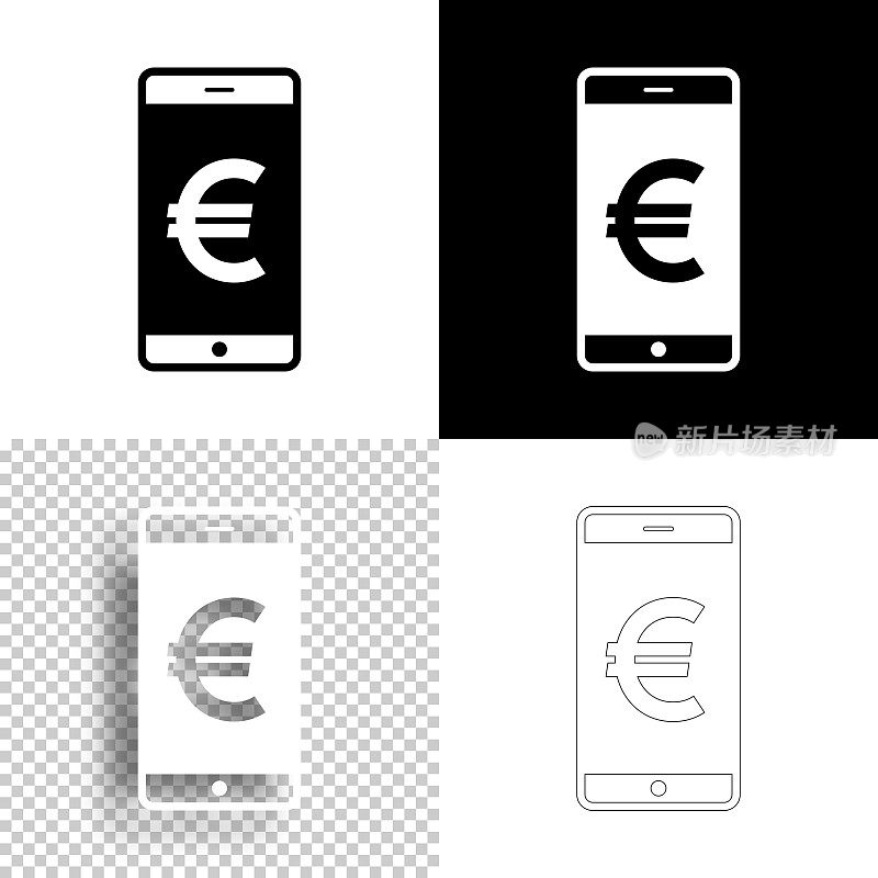 带有欧元标志的智能手机。图标设计。空白，白色和黑色背景-线图标