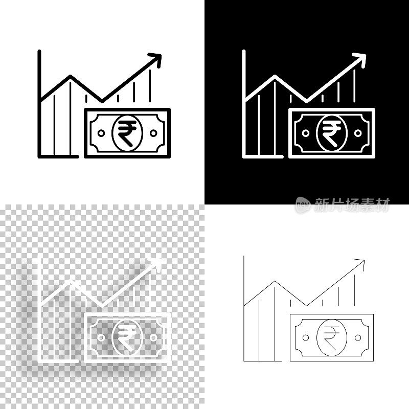 与印度卢比钞票的增长图表。图标设计。空白，白色和黑色背景-线图标