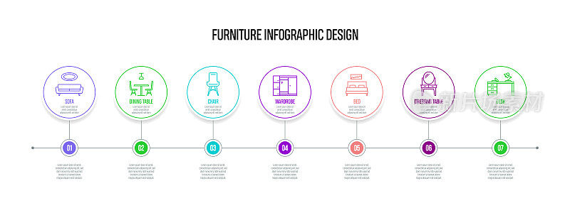 家具概念矢量线信息图形设计图标。7选项或步骤的介绍，横幅，工作流程布局，流程图等。