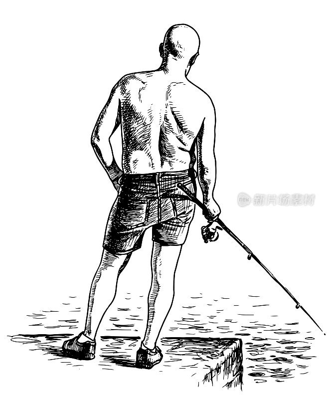 手绘一个穿着短裤的渔夫，拿着鱼竿独自站在河堤上