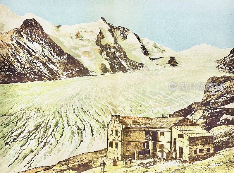 大ß格洛克纳，奥地利，前景中的山小屋和冰川，彩色插图