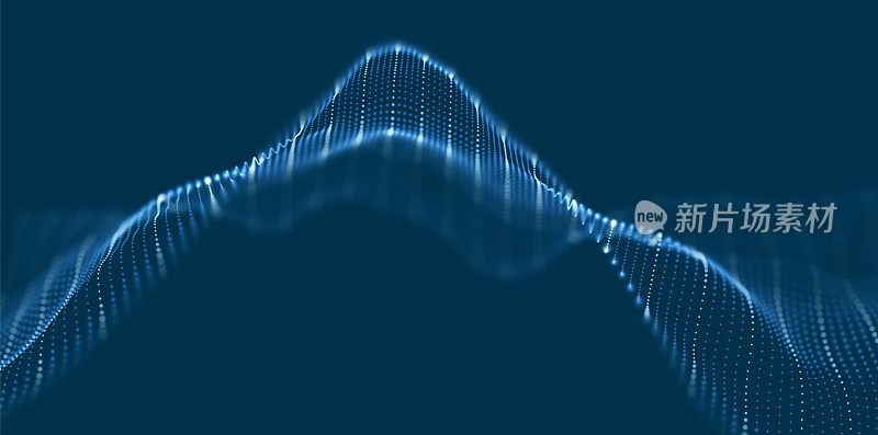 抽象蓝色粒子背景。流波与点景观。数字数据结构。未来的网格或声网格。可视化模式点。技术的矢量插图。