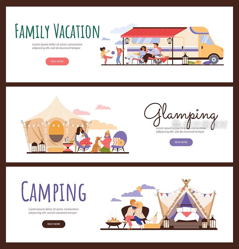 在豪华野营或野营的家庭假期，网横幅设置-平面矢量插图。