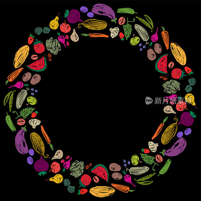 装饰圆形的边界从草图成熟的水果和蔬菜