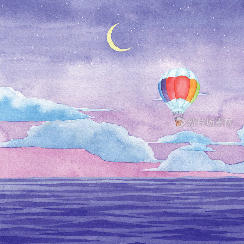 水彩热气球和夜海背景