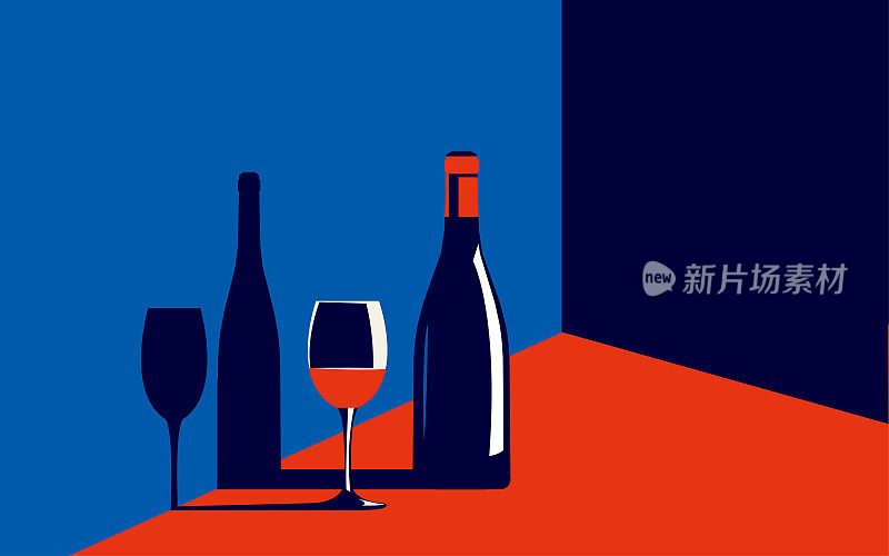 矢量插图一瓶葡萄酒和一个杯子与红酒在它旁边的时尚的颜色在一个最小的风格