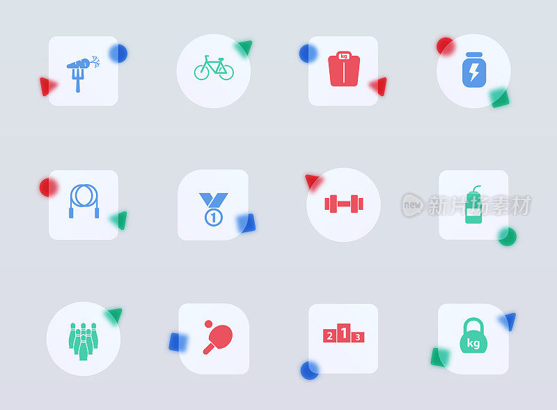 运动玻璃形态时尚风格的图标。运动透明玻璃颜色矢量图标与彩色数字。用于网页和UI设计，移动应用程序和促销商业广告