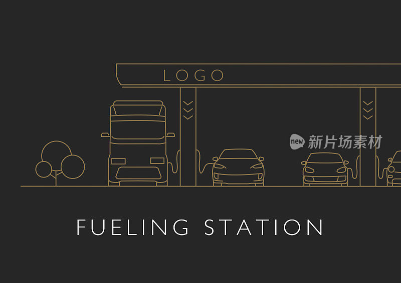 用汽车、卡车和车辆为加油站加油，黑色背景上的线性图形插图用于高级细分市场促销或广告元素