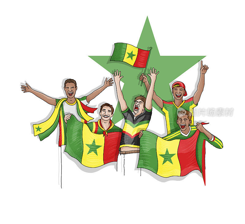 五名球迷举着塞内加尔国旗庆祝