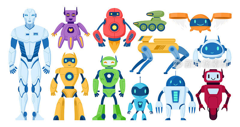 卡通机器人，卡通个人助理和聊天机器人。现代数字机器人、机器人无人机吉祥物、平面矢量符号插画集。机器人集合