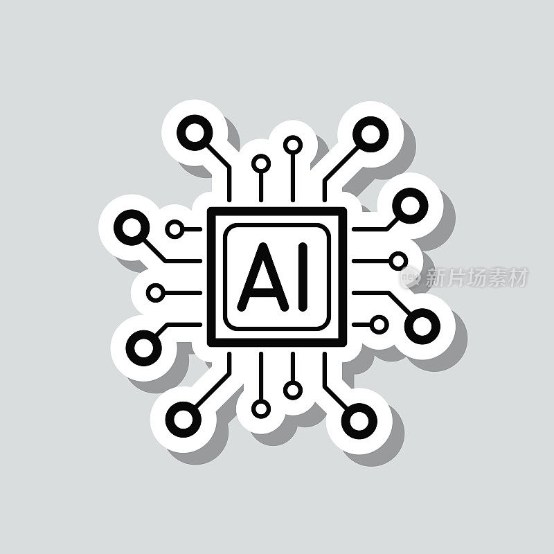 处理器带有人工智能AI。图标贴纸在灰色背景