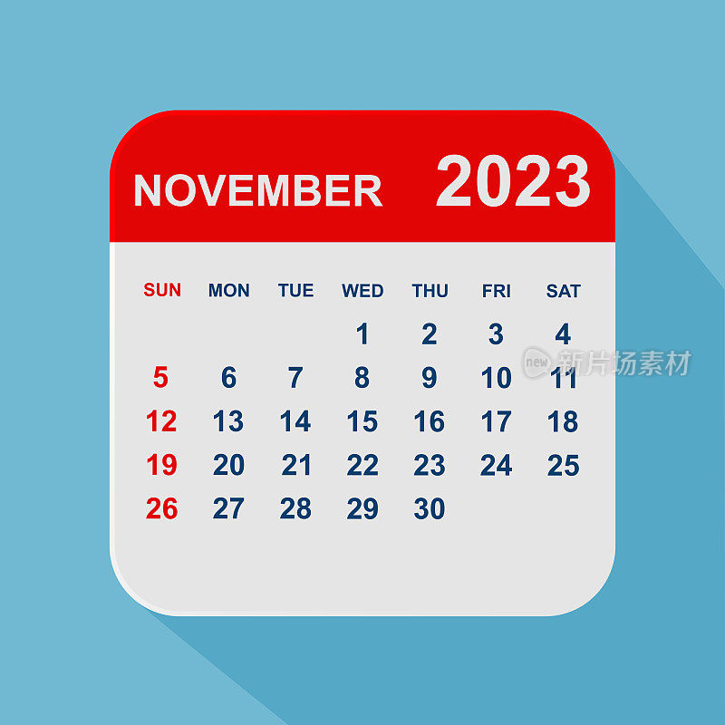 2023年11月月历叶。一周从周日开始。业务矢量图