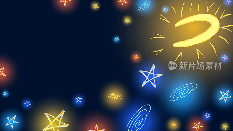 简单的发光太空涂鸦插图-月亮，星系，彗星和恒星。