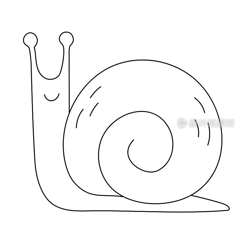 一个可爱的蜗牛-简单的轮廓向量绘图。带螺旋壳的蛞蝓或蜗牛的草图，侧视图。手绘插图卡通涂鸦风格。白色背景上孤立的黑线。轮廓图。
