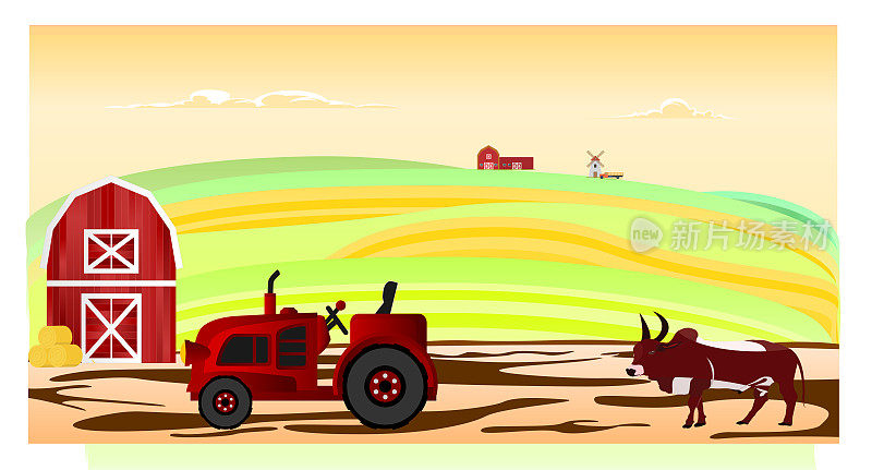 中午，牲口棚和牛群在开阔的草地上。田间劳动概念、畜牧劳动和农业劳动。矢量插图。