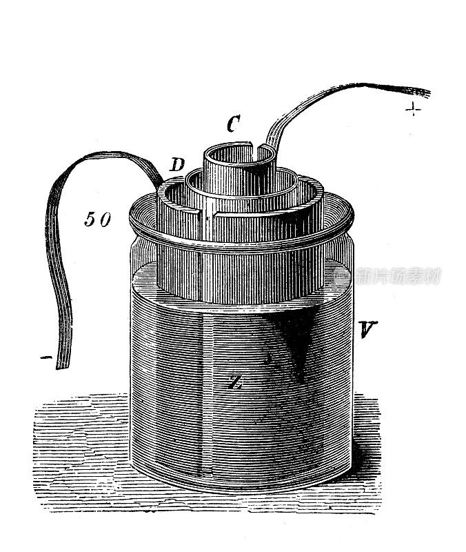 古董插图，物理原理和实验，电和磁:电池丹尼尔电池