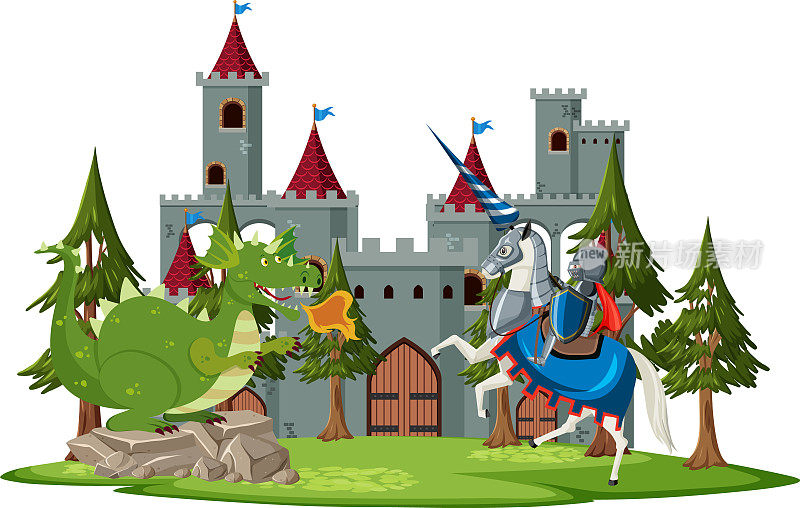 童话世界里的骑士和龙的场景