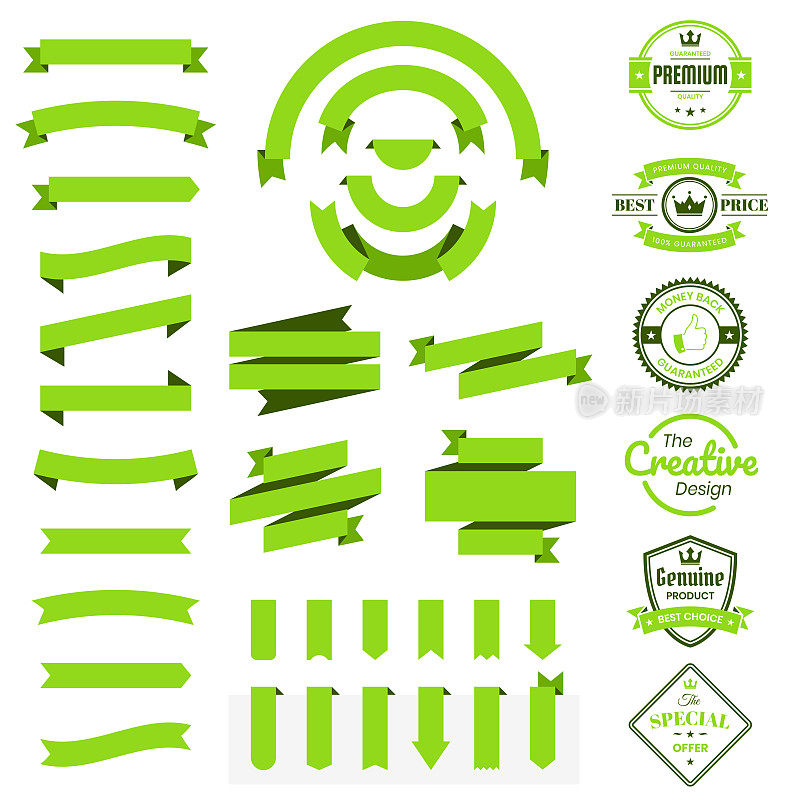 采购产品一套绿色缎带，旗帜，徽章，标签-设计元素在白色背景