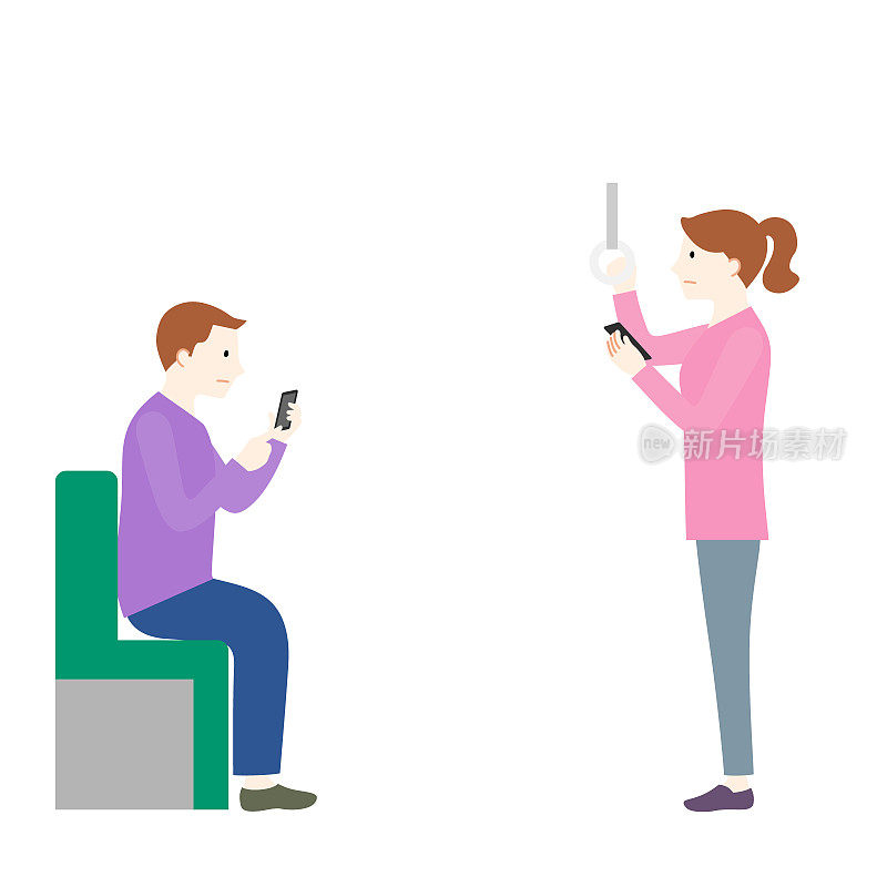男女在火车上使用智能手机的插图(白色背景，矢量，剪切)