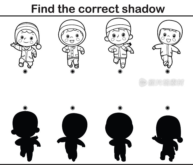 黑与白,儿童教育游戏。找到正确的影子。欢快的孩子们在雪地上奔跑