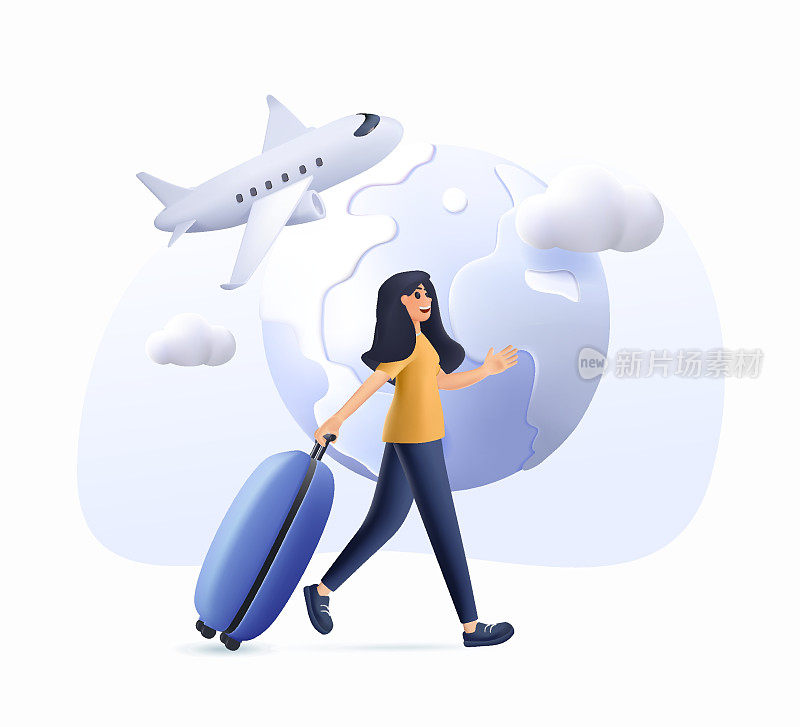 拎着行李箱的女商人或企业家匆匆登上即将起飞的飞机。商务旅行的概念