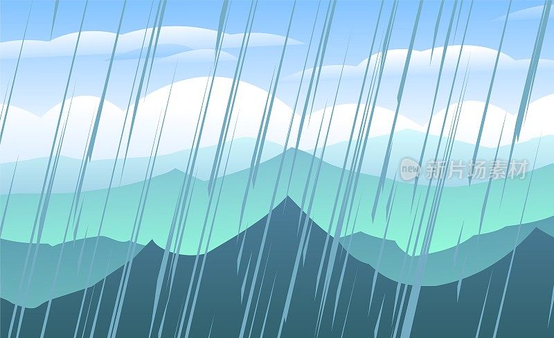 有雨天气的景观。山间夏雨。远处的岩石和悬崖。水柱从天空倾泻而下。卡通趣味风格。平面设计。向量。