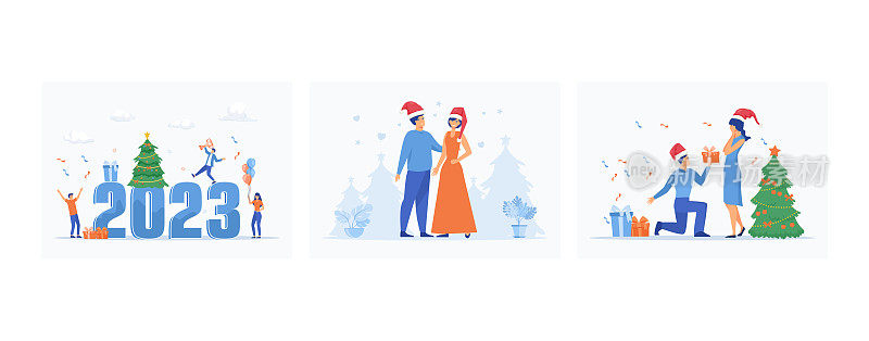 商务人士庆祝新年的概念，夫妇俩年轻人在圣诞节，男人送给女人一份圣诞礼物，套平矢量现代插画