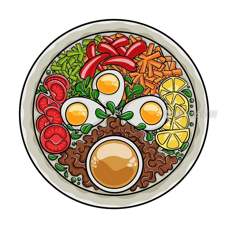 Gado-gado是一种典型的印尼沙拉，包括煮蔬菜和土豆、煮鸡蛋、炸豆豉和龙桐，配上花生酱