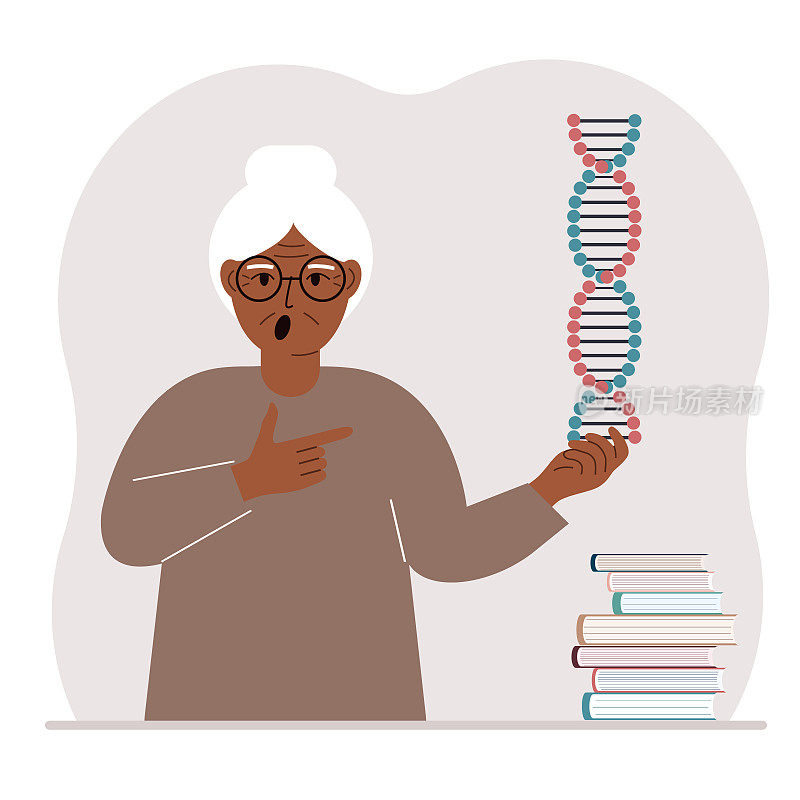 一个女人手里拿着一个DNA模型，旁边有很多书。