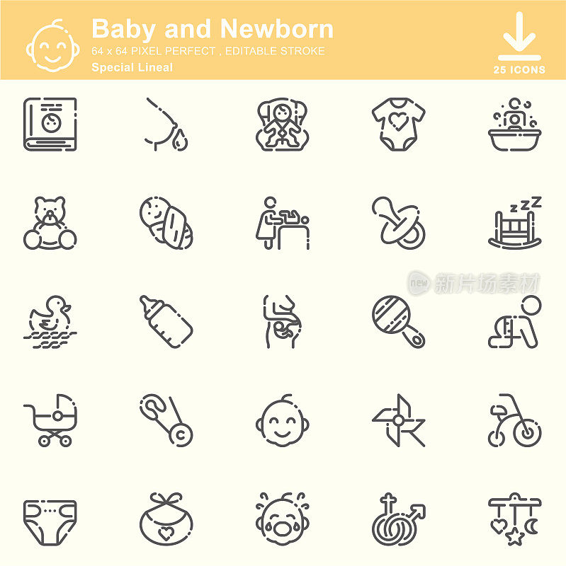 婴儿和新生儿线性图标，可编辑的笔画，64x64像素完美