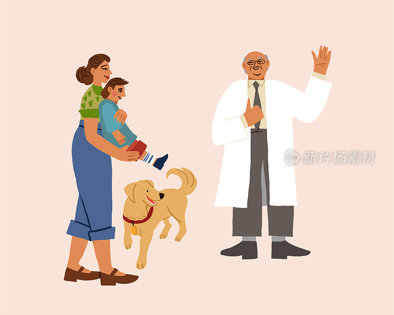 母亲和小儿子去看医生。医生，孩子，女人站着微笑。