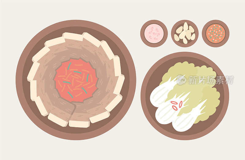 韩国文化“Kimjang”泡菜的传统制备和保存过程。Kimjang符号元素说明矢量集。
