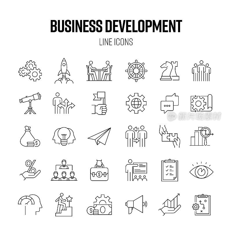 业务发展线图标集。团队合作，合同，战略，财务，领导力