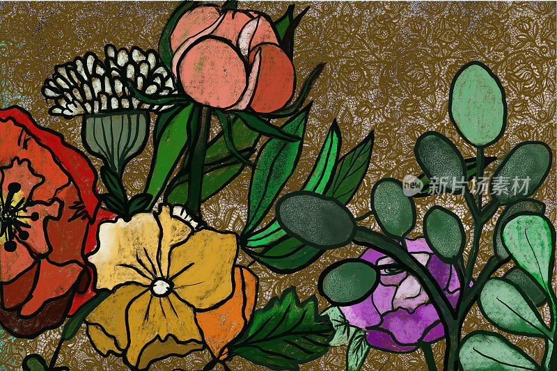数字插图-柔和的粉彩，显示花和其他植物，由黑色边框，与装饰背景花边