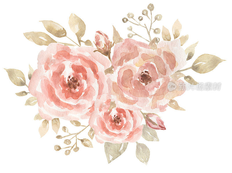 米色的叶子和浅粉色的花朵设计花束。米色和灰玫瑰，绿色。婚礼花环。蜡笔水彩。