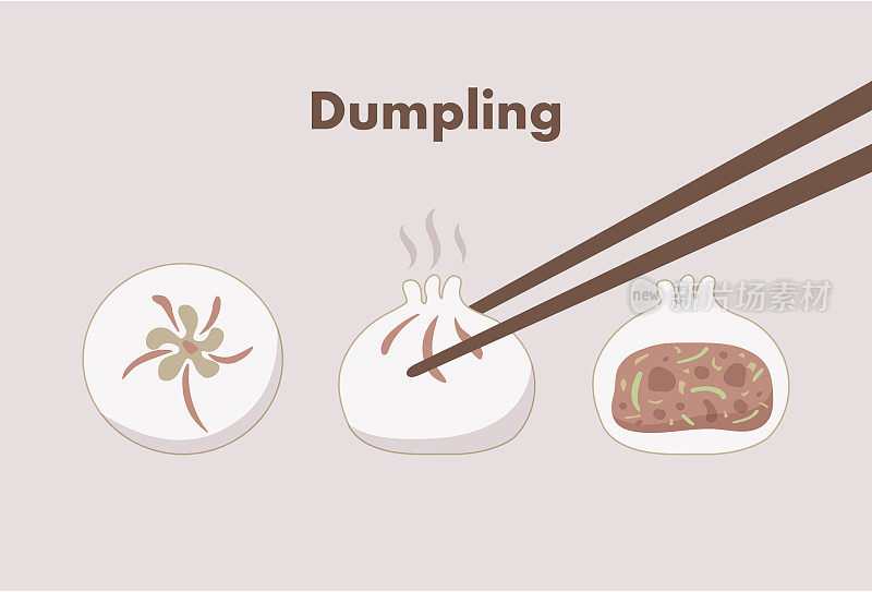 竹筷夹饺子，俯视图整个饺子和横截面。
