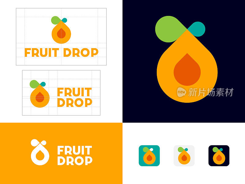 果汁滴图标。橙色滴和字母在一个圆圈上。图标为有机饮料或排毒。身份，网页按钮。