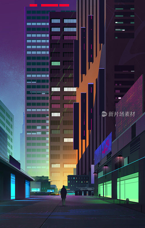 画了一个明亮的夜晚城市街道与路人