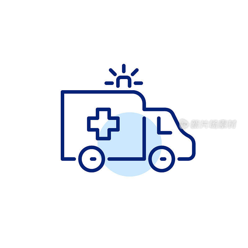 救护车卡车。辅助救援服务车。紧急医疗援助像素完美，可编辑的笔画线图标