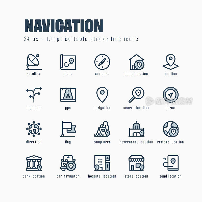 导航线图标集。可编辑的中风。像素完美。
