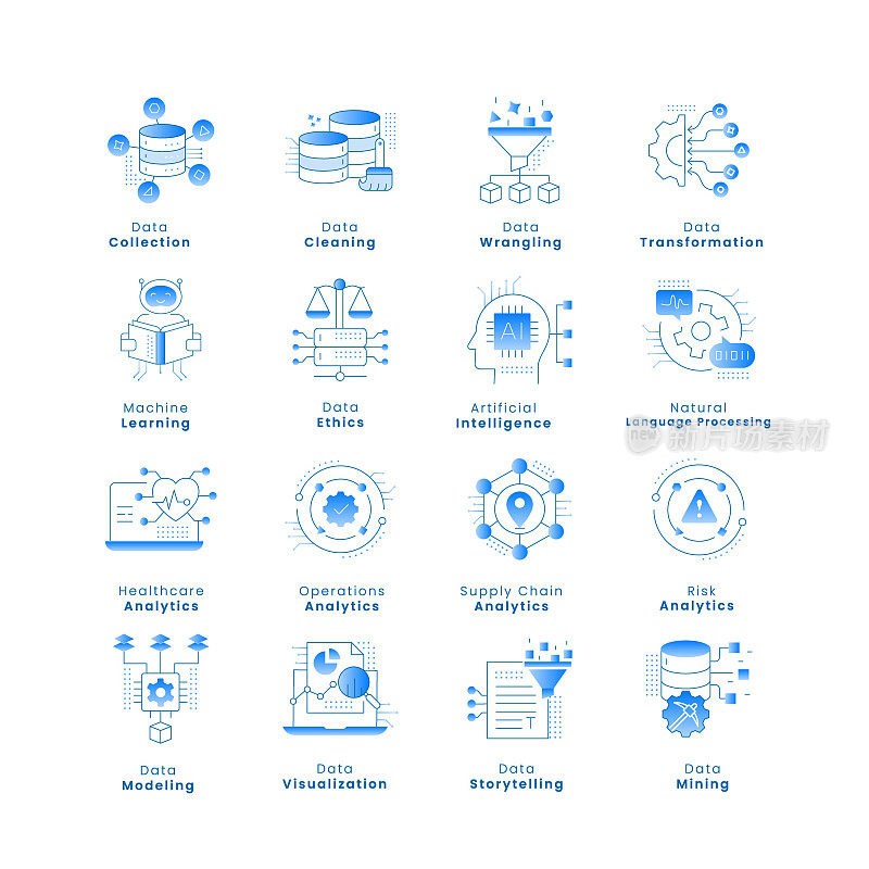 数据处理图标-一组高质量的数据处理图标，如数据收集，清理，争论，转换，建模，道德，讲故事，挖掘等。